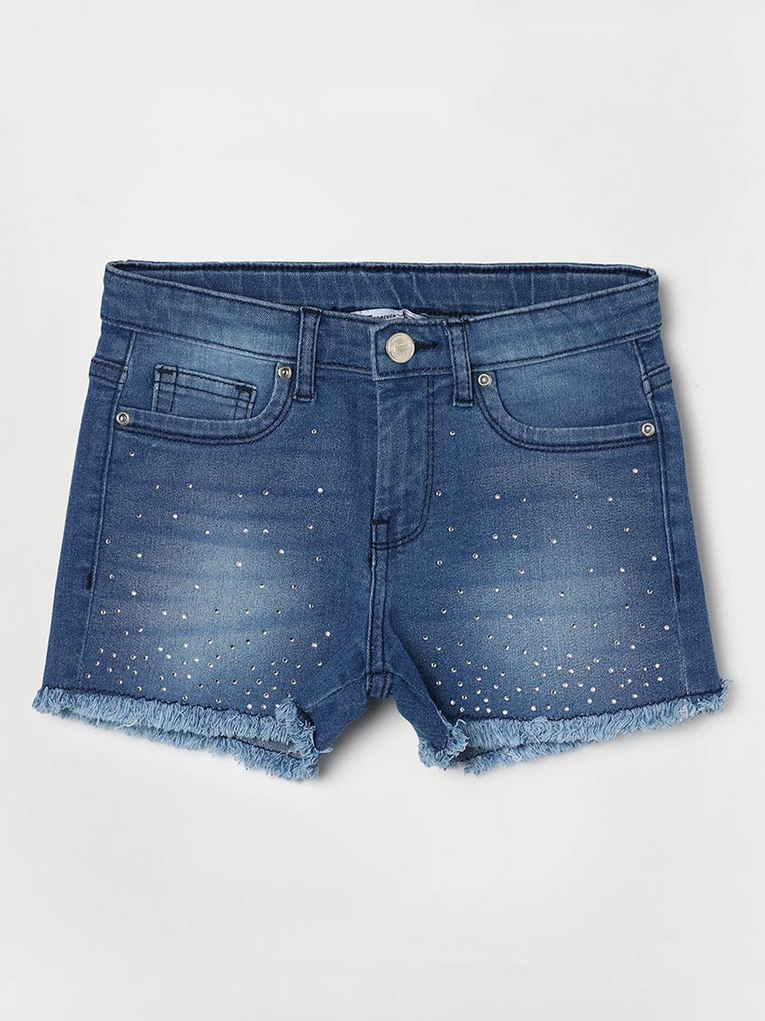 

Fame Forever by Lifestyle Girls Washed Embellished Frayed Stretchable Denim Shorts, Navy blue