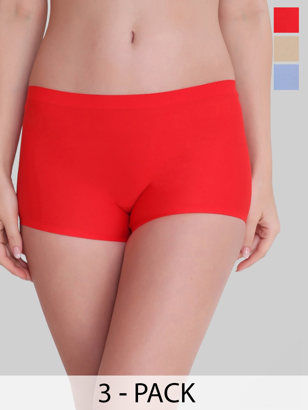 

PLUMBURY Women Pack Of 3 Seamless Anti Bacterial Mid-Rise Boy Shorts, Red