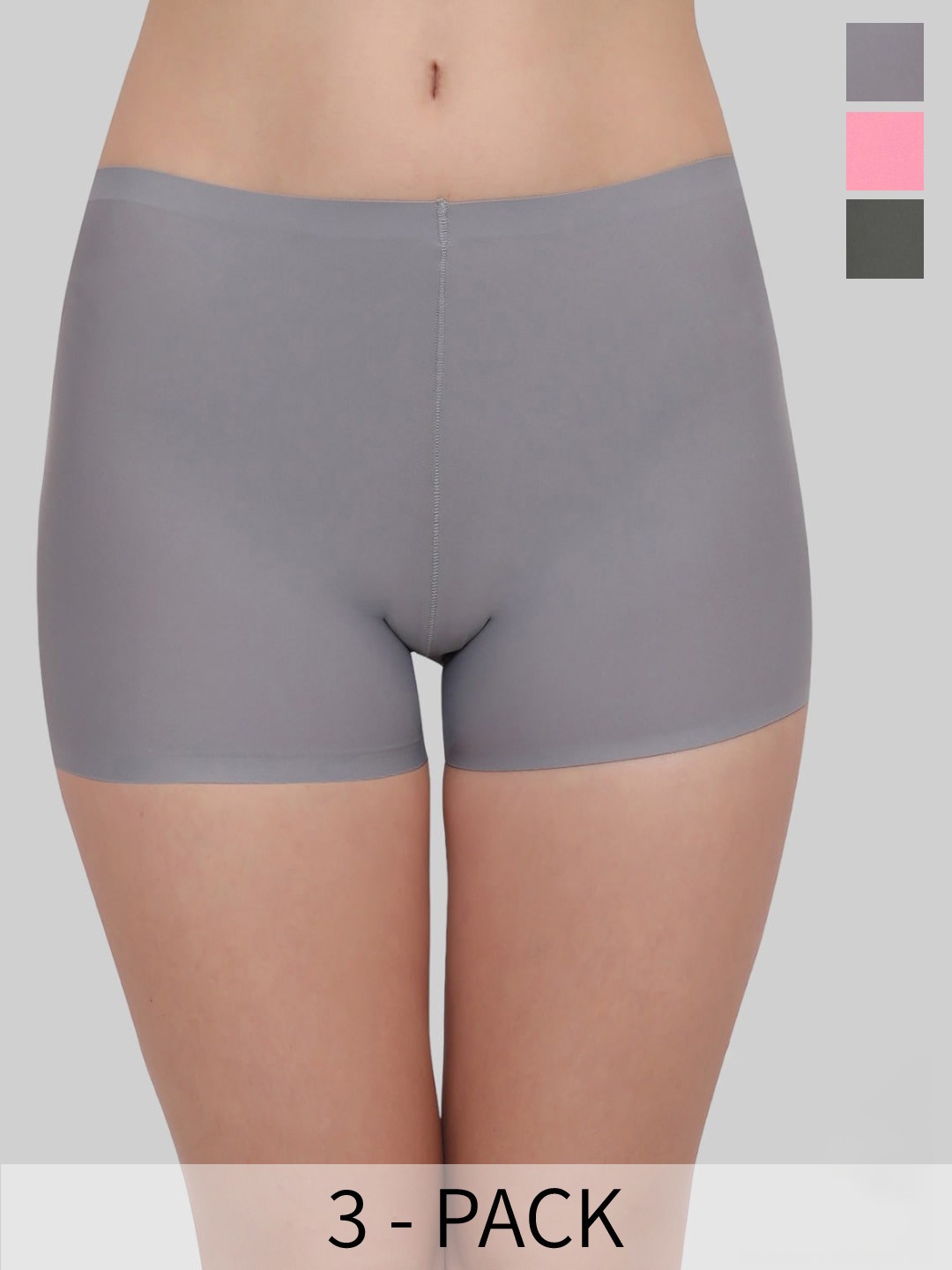 

PLUMBURY Women Pack Of 3 Seamless Anti Microbial Mid-Rise Boy Shorts, Grey