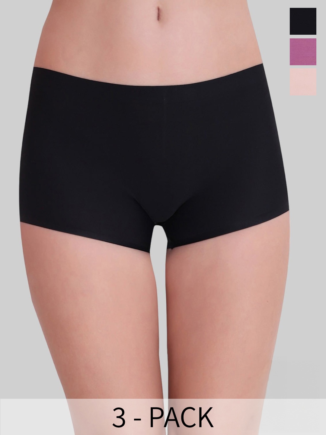 

PLUMBURY Women Pack Of 3 Seamless Anti Bacterial Mid-Rise Boy Shorts, Black
