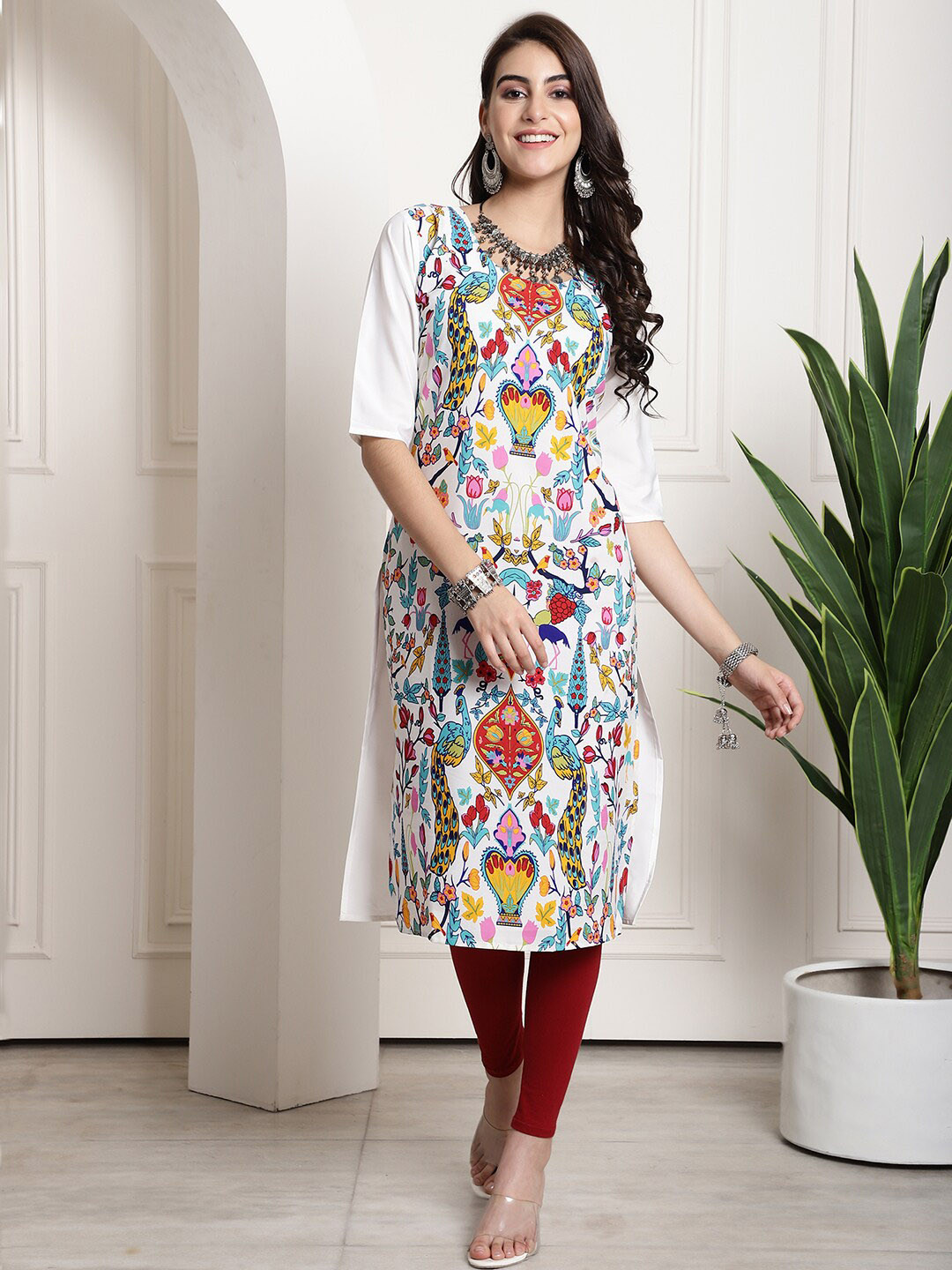 

7Threads Ethnic Motifs Printed Round Neck Straight Kurta, White