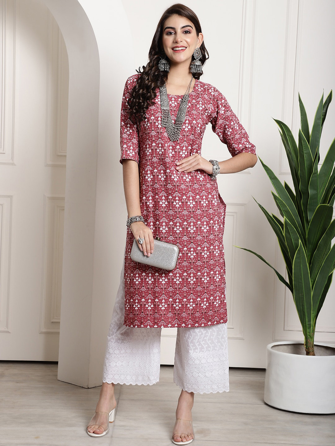 

7Threads Ethnic Motifs Printed Round Neck Straight Crepe Kurta, Coral