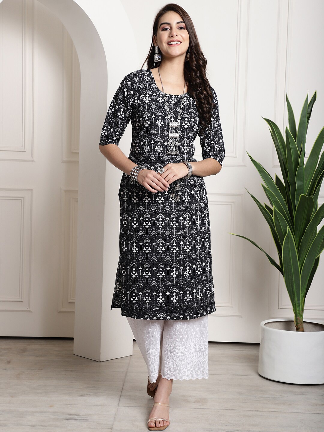 

7Threads Ethnic Motifs Printed Kurta, Black