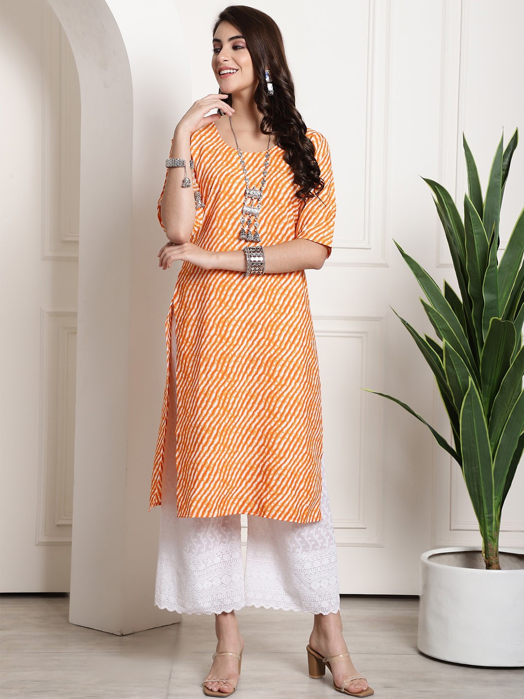 

7Threads Striped Casual Kurta, Orange