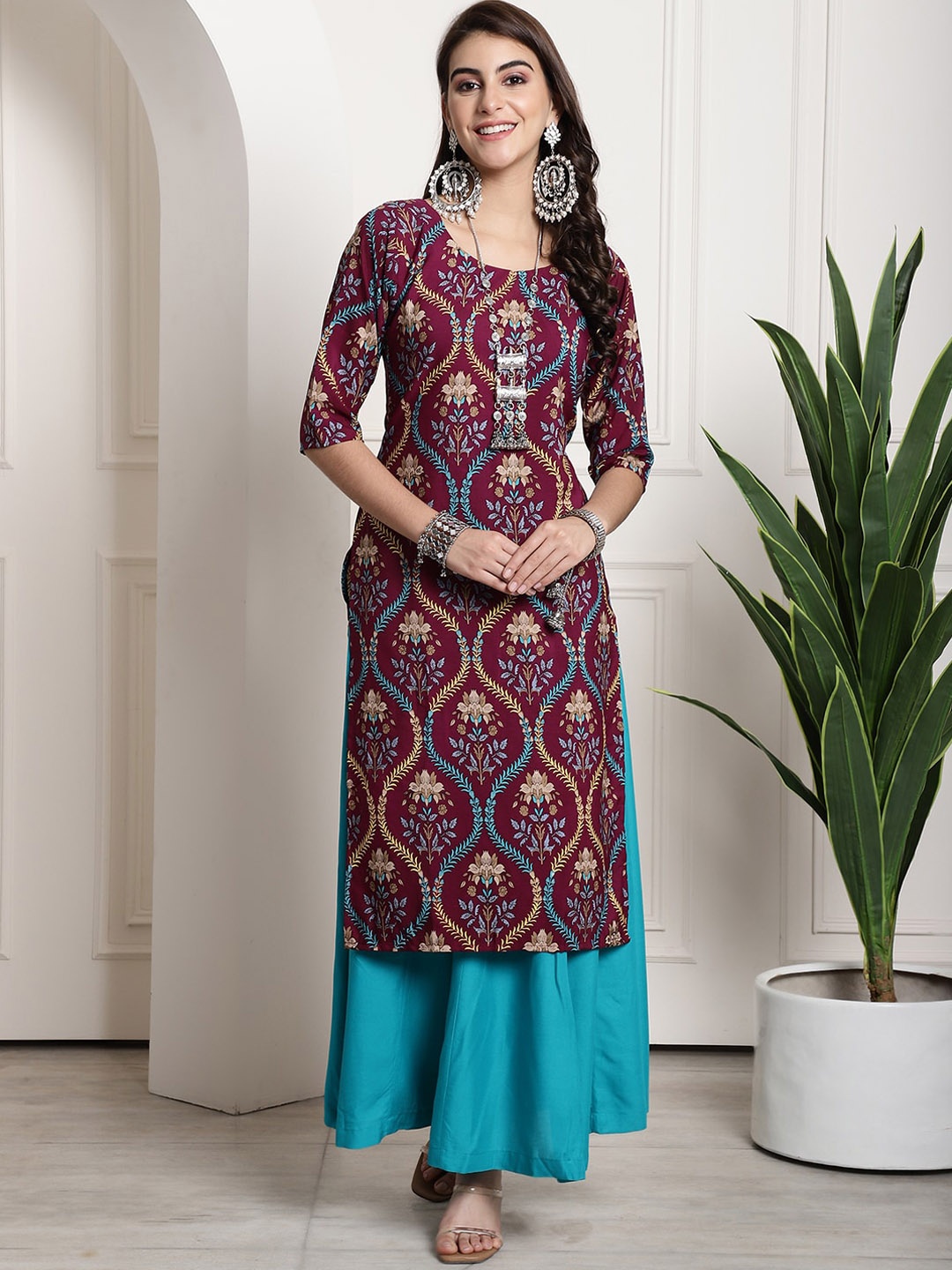 

7Threads Ethnic Motifs Printed Kurta, Maroon