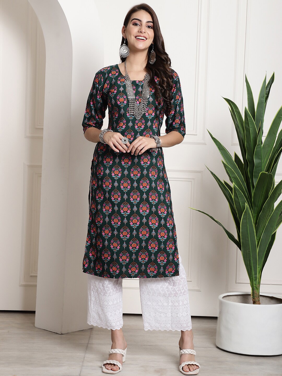 

7Threads Floral Printed Straight Kurta, Green