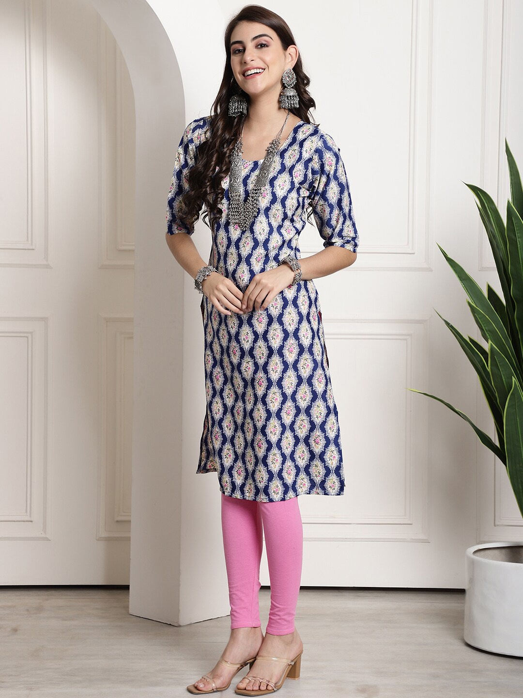 7Threads Ethnic Motifs Printed Round Neck Straight Crepe Kurta, Blue