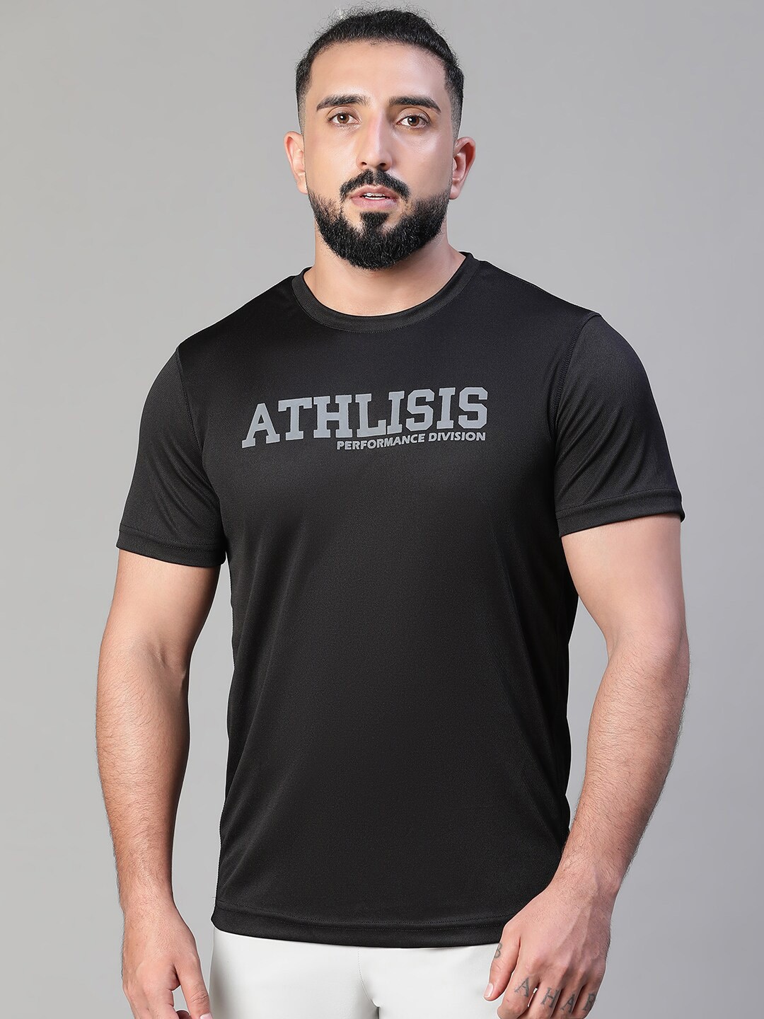 

ATHLISIS Typography Printed Round Neck Dri-FIT Slim Fit Gym T-shirt, Black