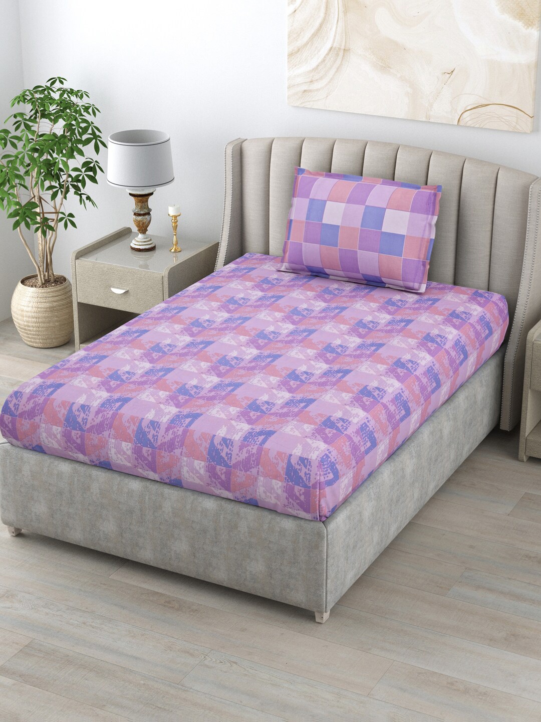 

BOMBAY DYEING Purple & Blue Geometric Pure Cotton 120 TC Single Bedsheet & 1 Pillow Cover