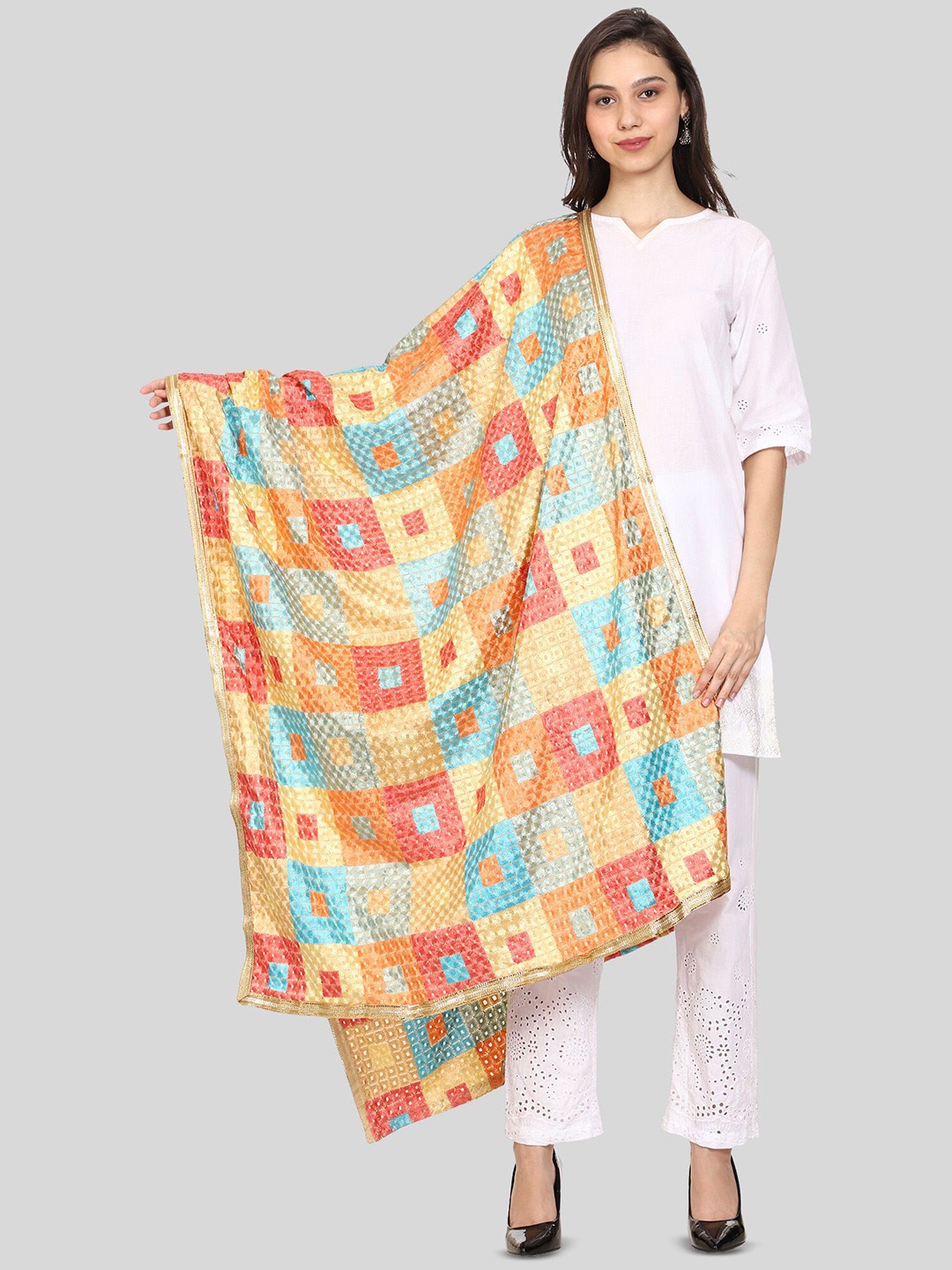

SWI Stylish Geometric Embroidered Phulkari Dupatta, Blue
