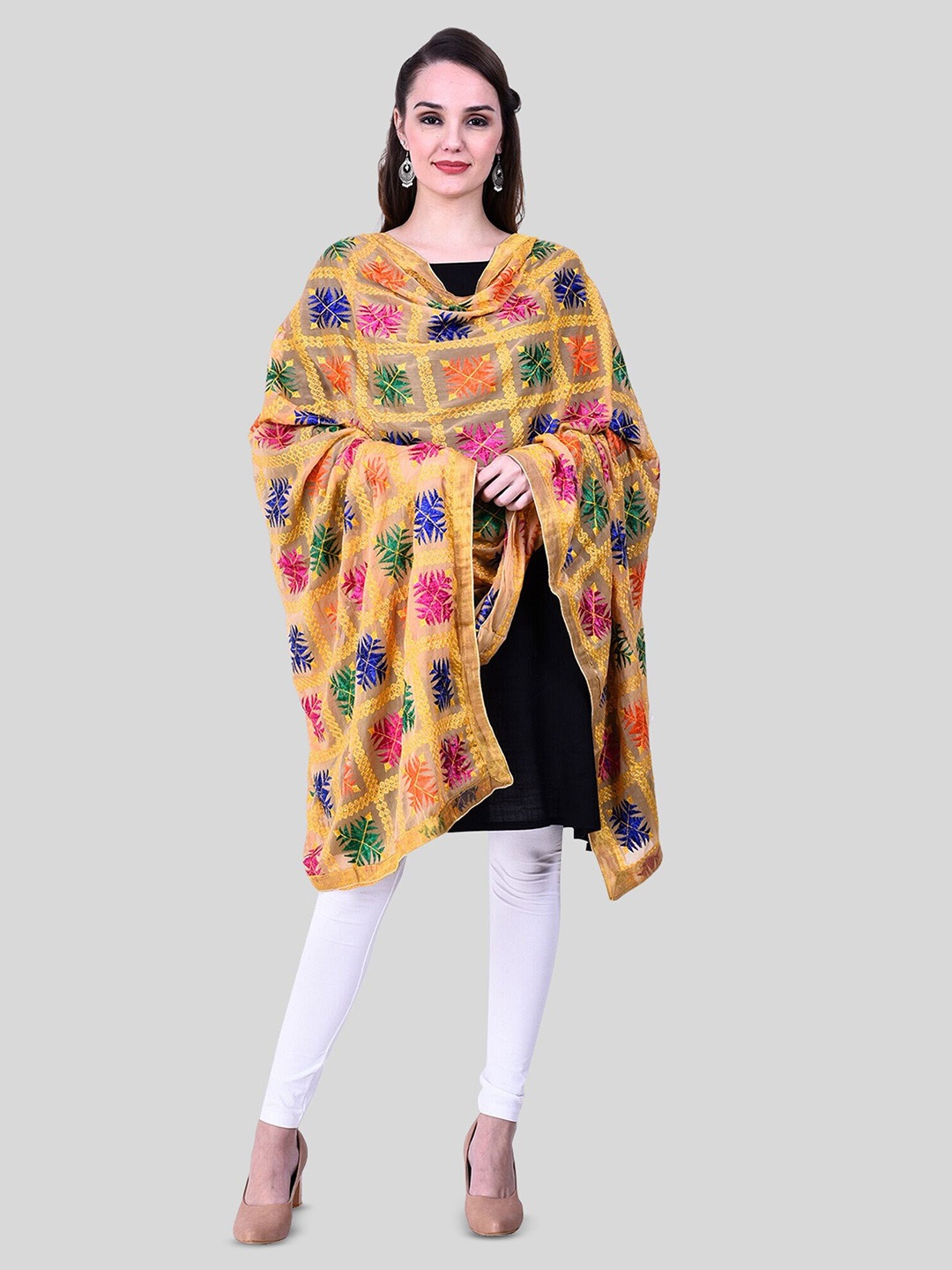 

SWI Stylish Ethnic Motifs Embroidered Phulkari Dupatta, Beige