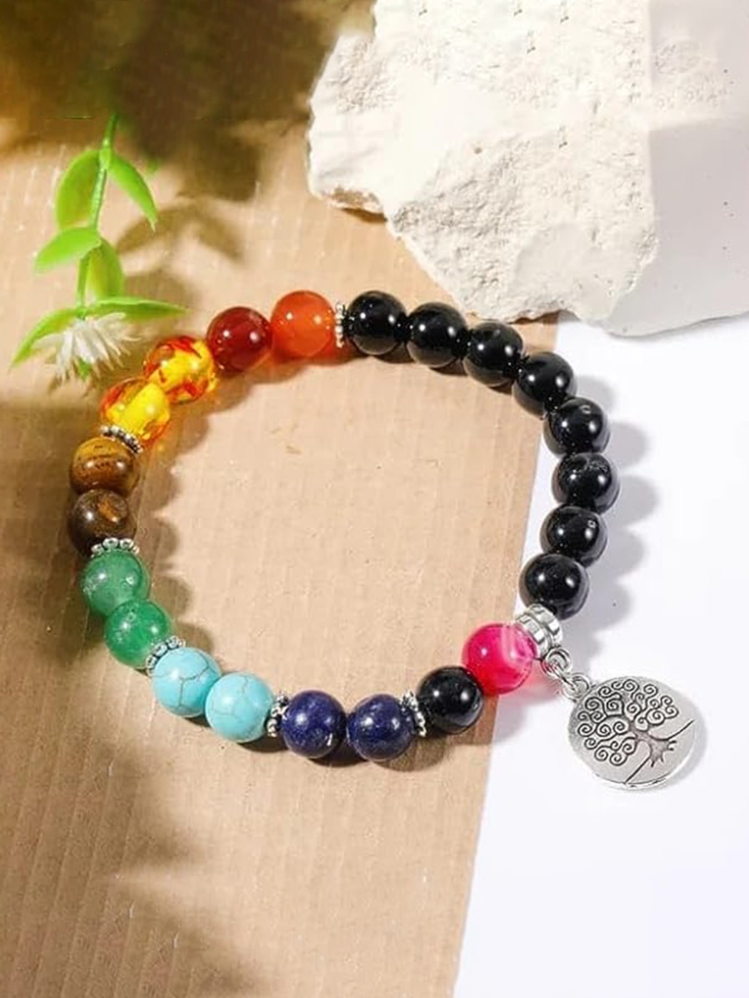 

KRYSTALZ Unisex Agate 7 Chakra Tree Bracelet, Black