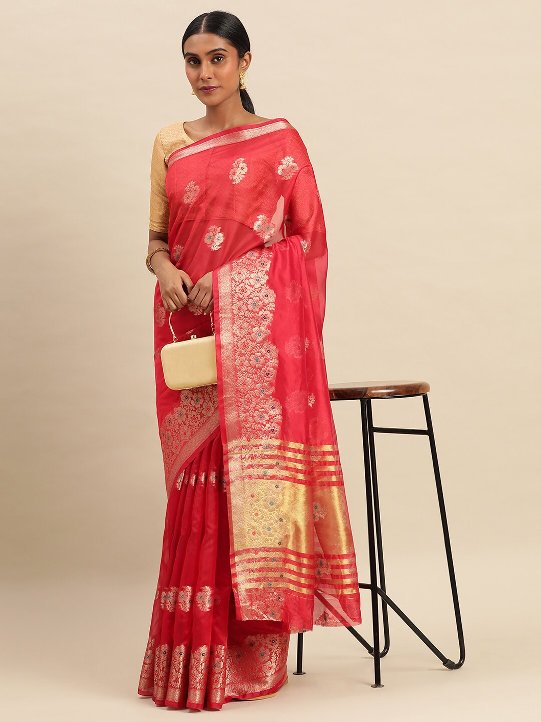 

Mitera Pink and Gold-Toned Ethnic Motifs Woven Design Zari Organza Saree