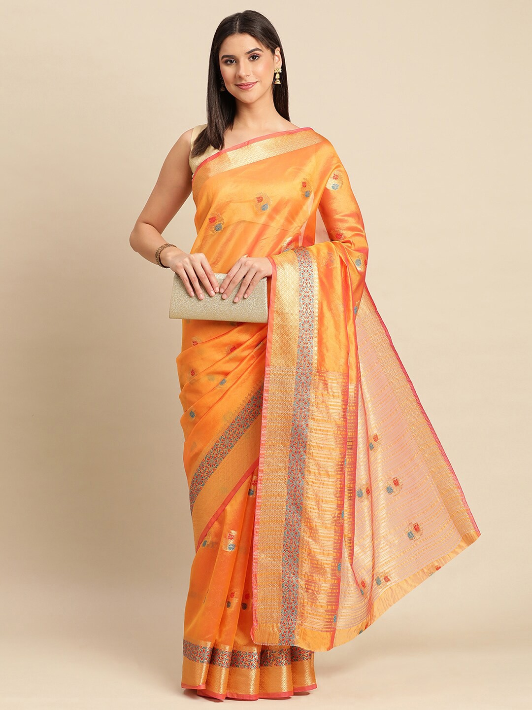 Mitera Gold-Toned & Orange Ethnic Motifs Woven Design Zari Organza Saree