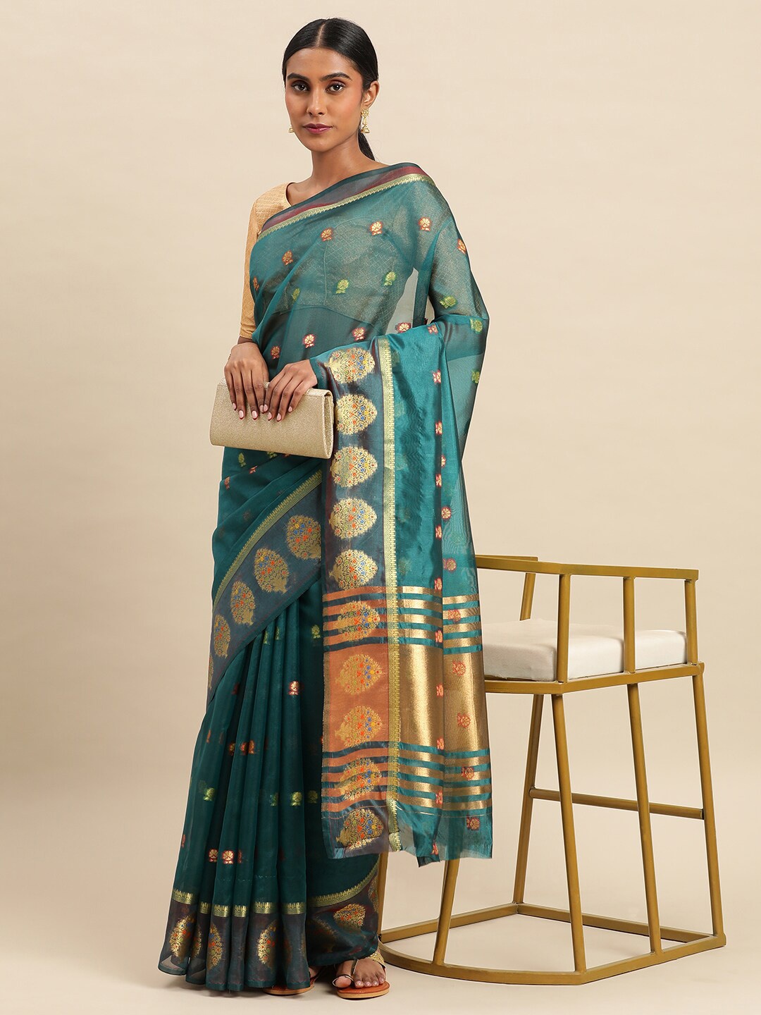 

Mitera Sea Green & Gold-Toned Ethnic Motifs Woven Design Zari Organza Saree