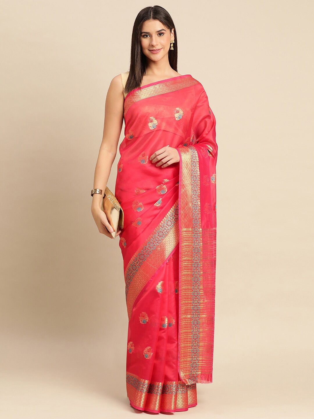 

Mitera Red & Gold-Toned Ethnic Motifs Woven Design Zari Organza Saree