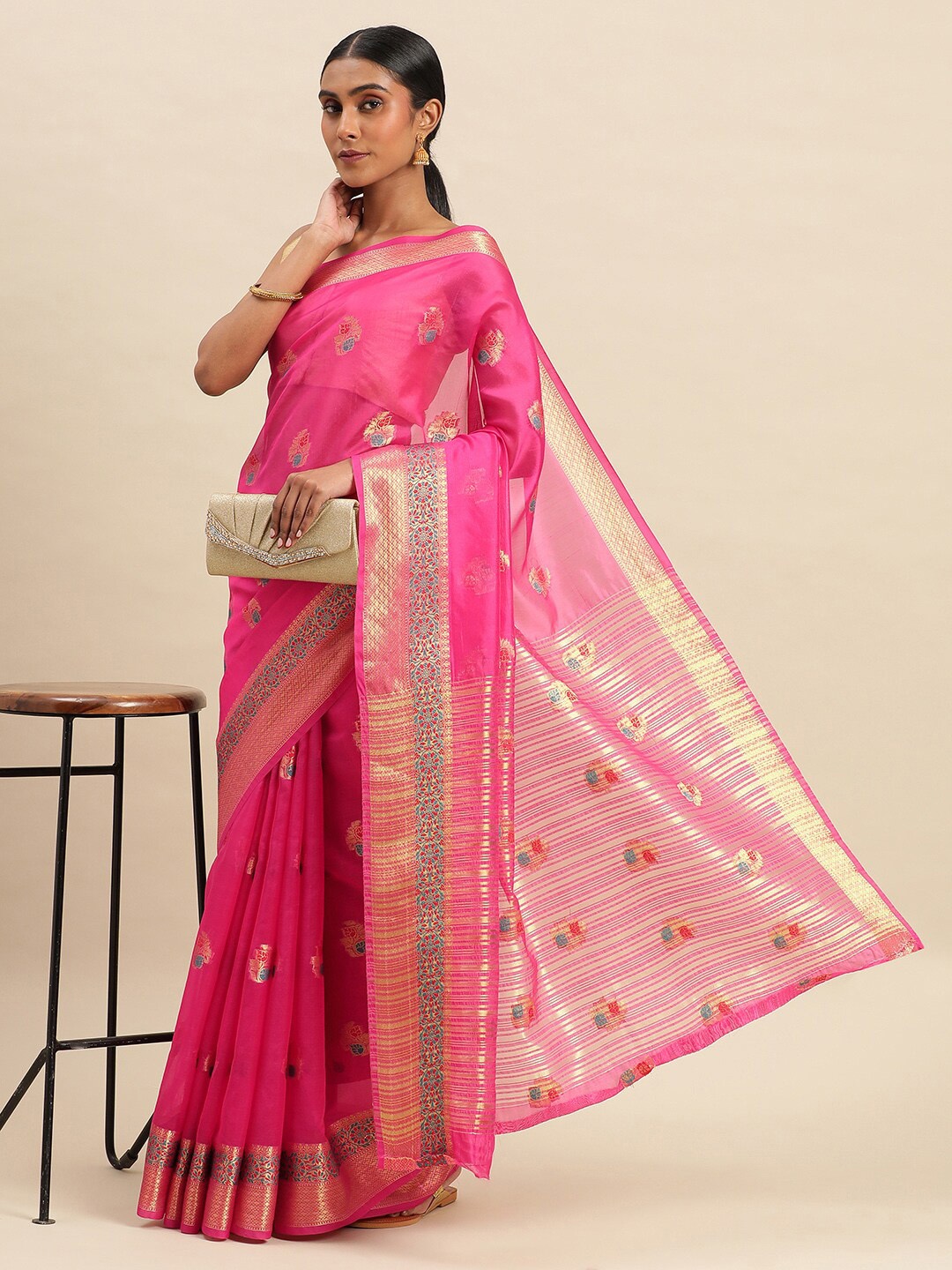 

Mitera Pink and Gold-Toned Ethnic Motifs Woven Design Zari Organza Saree