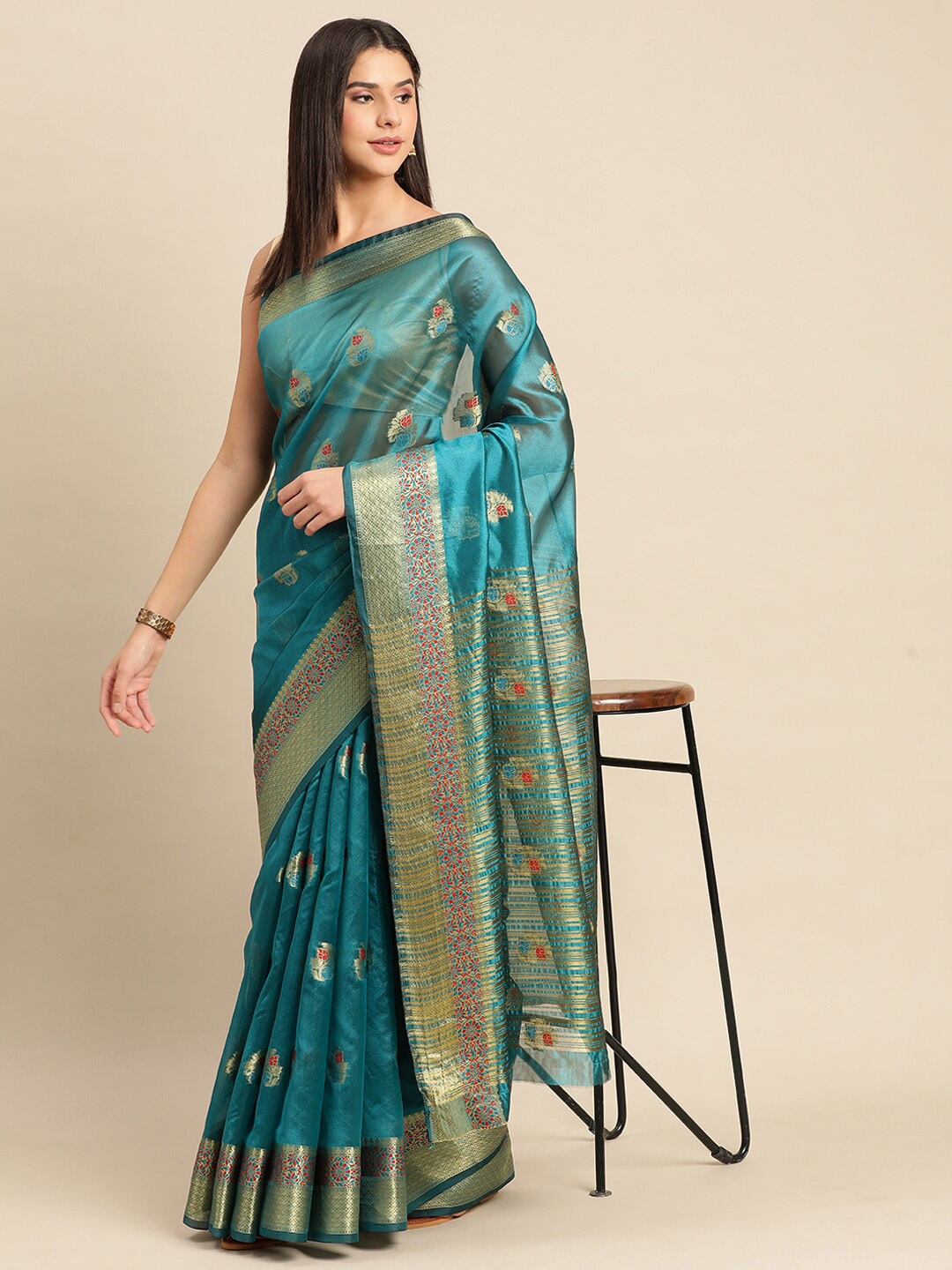 

Mitera Sea Ethnic Motifs Woven Design Zari Saree, Sea green