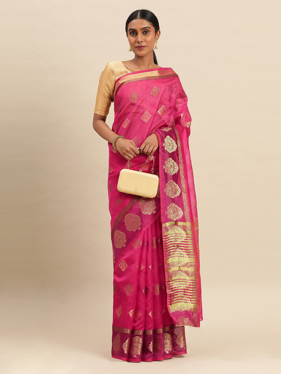 

Mitera Pink & Gold-Toned Ethnic Motifs Woven Design Zari Organza Saree