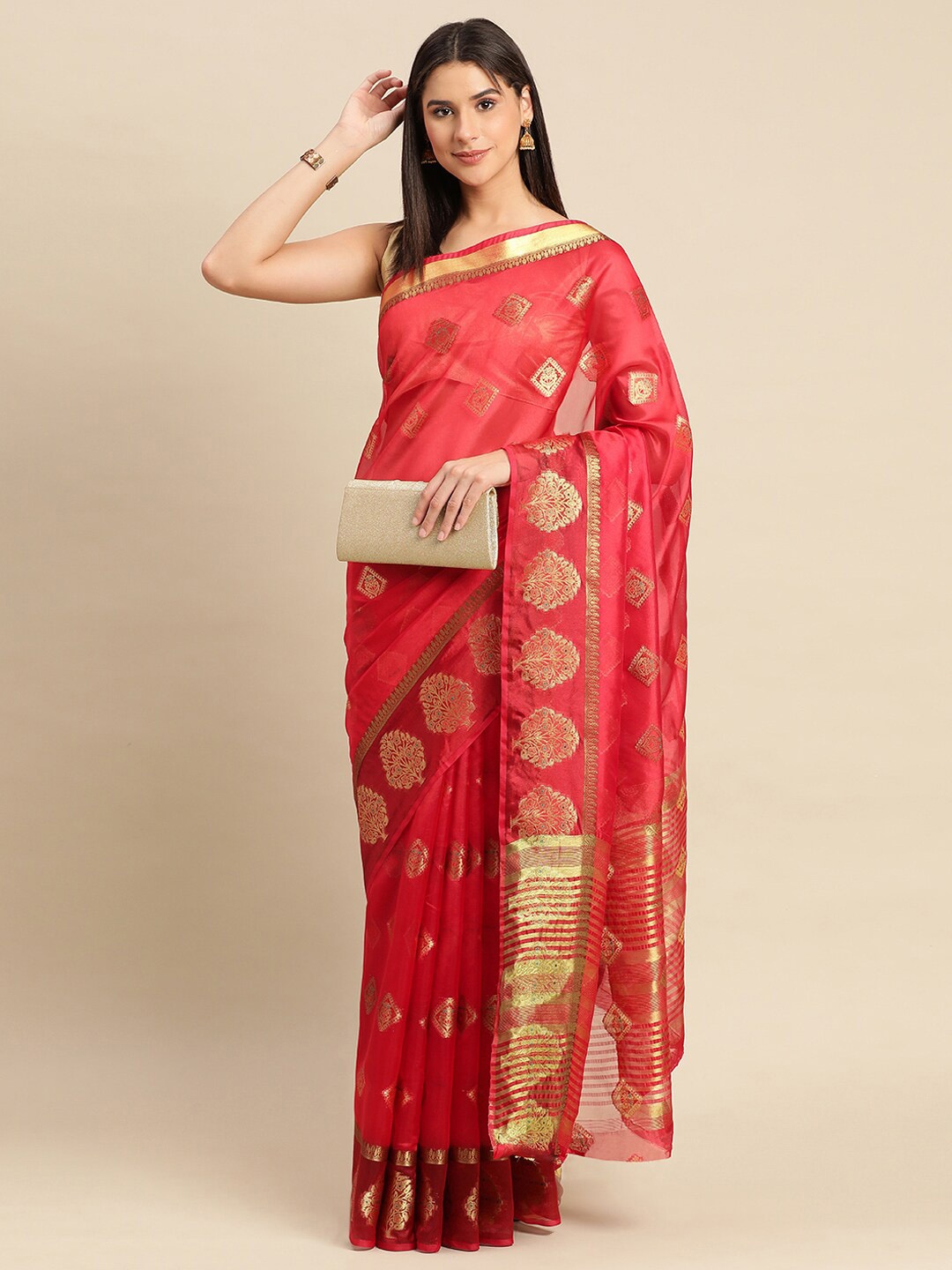 

Mitera Red & Gold-Toned Ethnic Motifs Woven Design Zari Organza Saree