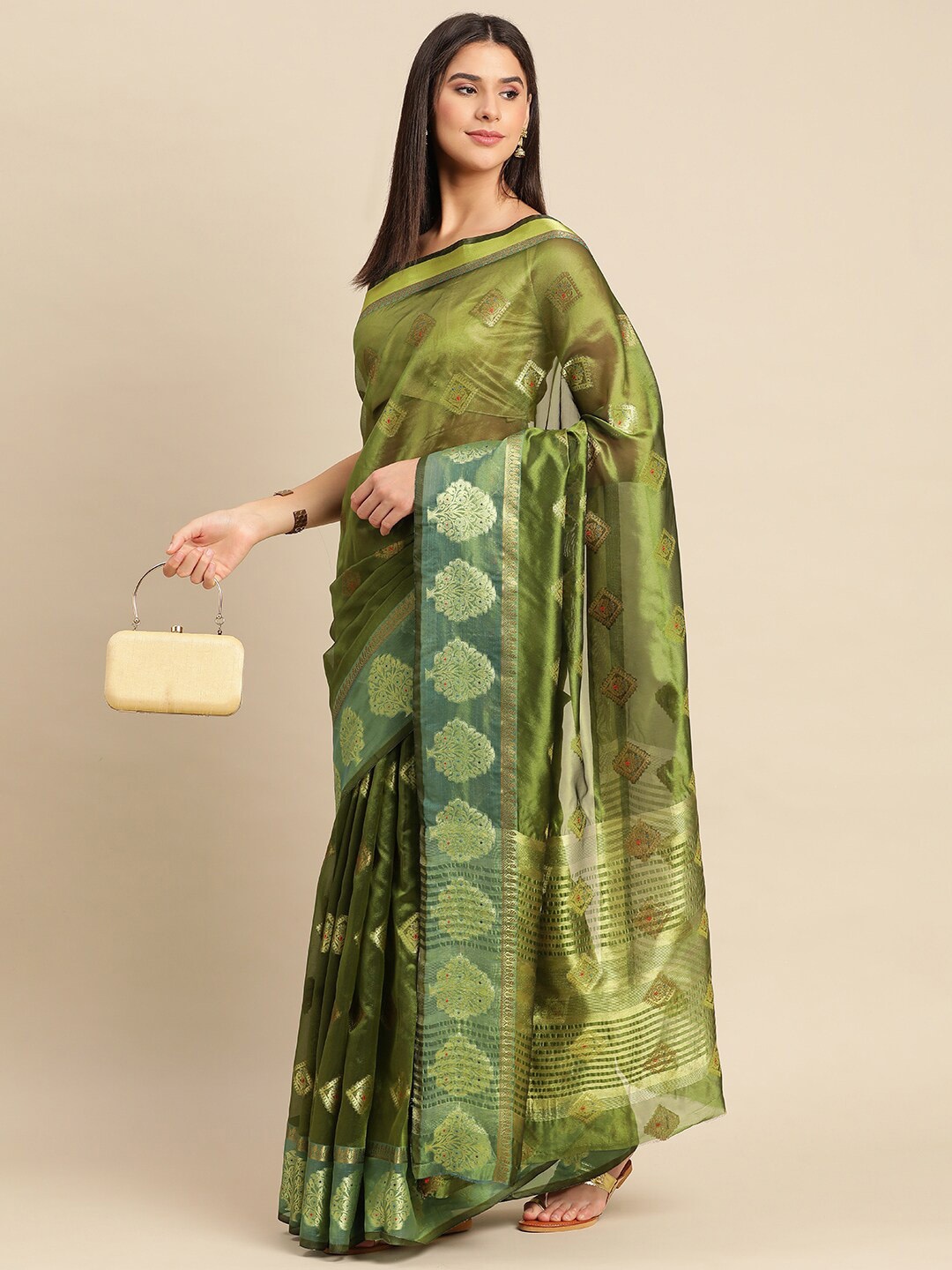 

Mitera Ethnic Motifs Woven Design Zari Organza Saree, Green
