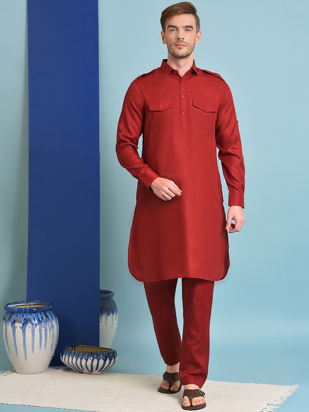 Vgyaan Pathani Kurta with Pyjamas, Maroon