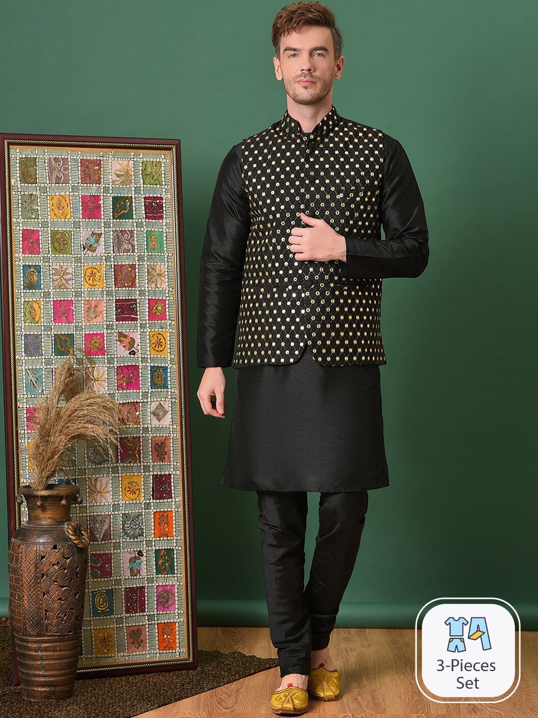 

Vgyaan Mandarin Collar Pure Cotton Kurta & Pyjamas With Nehru jacket, Black