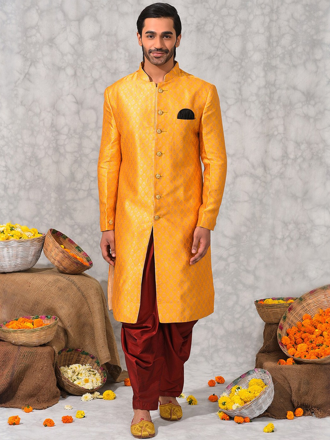 

Vgyaan Ethnic Motifs Woven Design Sherwani Set, Yellow