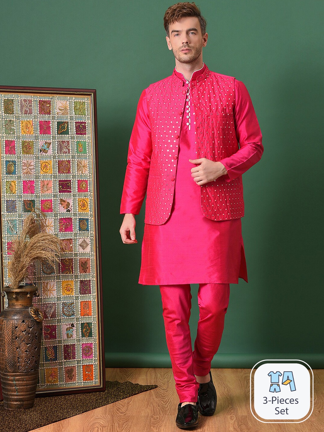 

Vgyaan Mandarin Collar Pure Cotton Kurta & Pyjamas With Nehru jacket, Pink