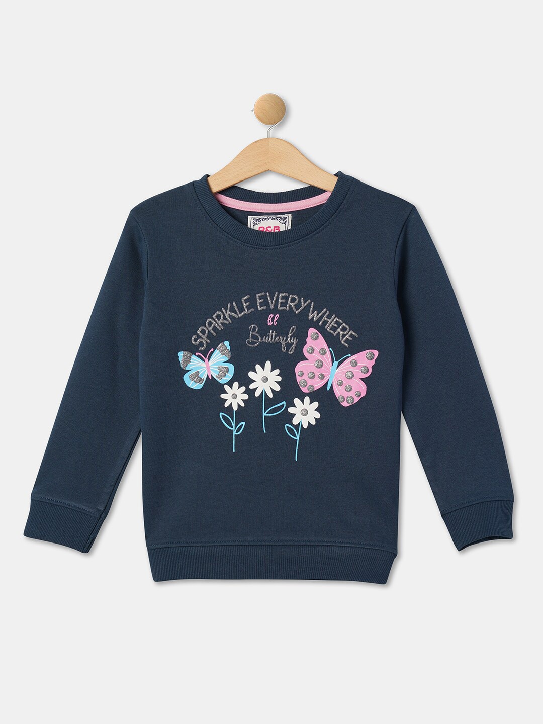 

R&B Girls Graphic Printed Cotton Pullover, Navy blue