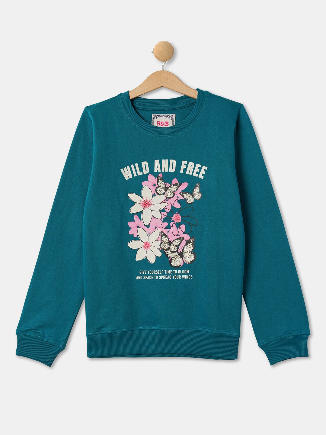 

R&B Girls Floral Printed Cotton Pullover, Teal