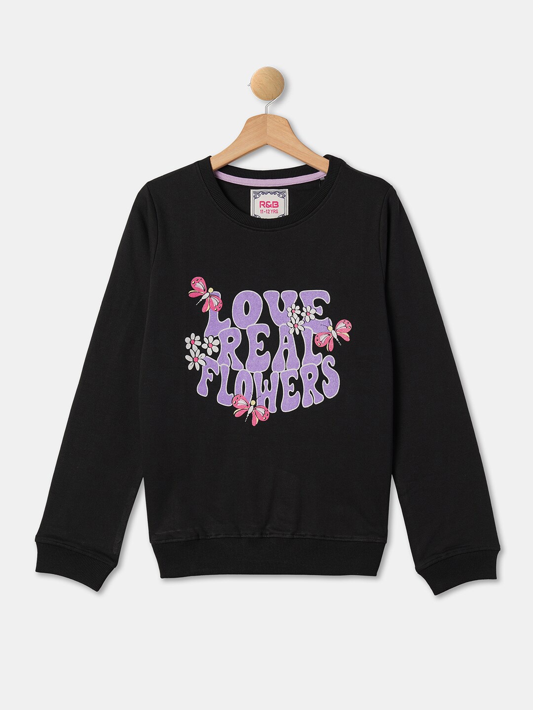 

R&B Girls Typography Printed Cotton Pullover, Black