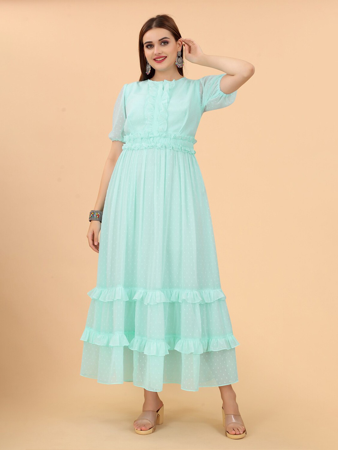 

Growish Self Design Round Neck Georgette Ruffled Maxi Dress, Blue