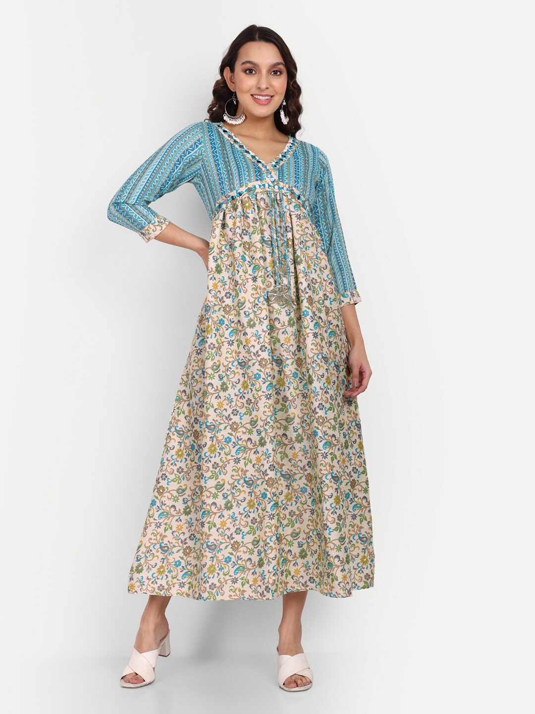 

Growish Floral Print V-Neck Empire Pleated Cotton Midi Ethnic Dress, Beige