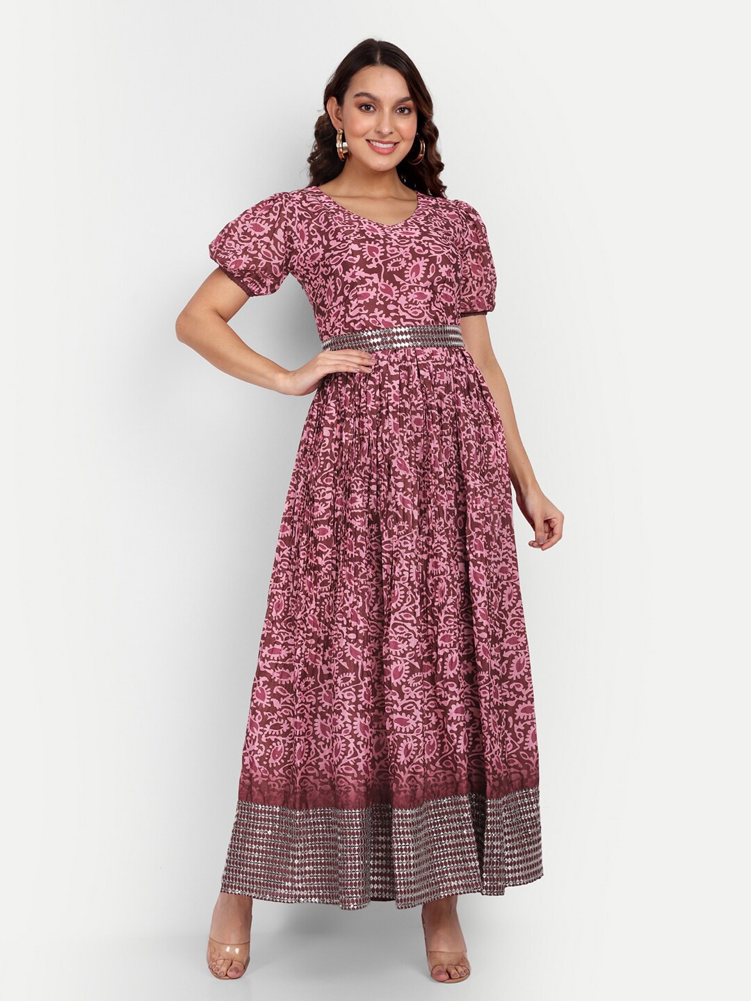 

Growish Ethnic Motifs Print Georgette Maxi Dress, Pink