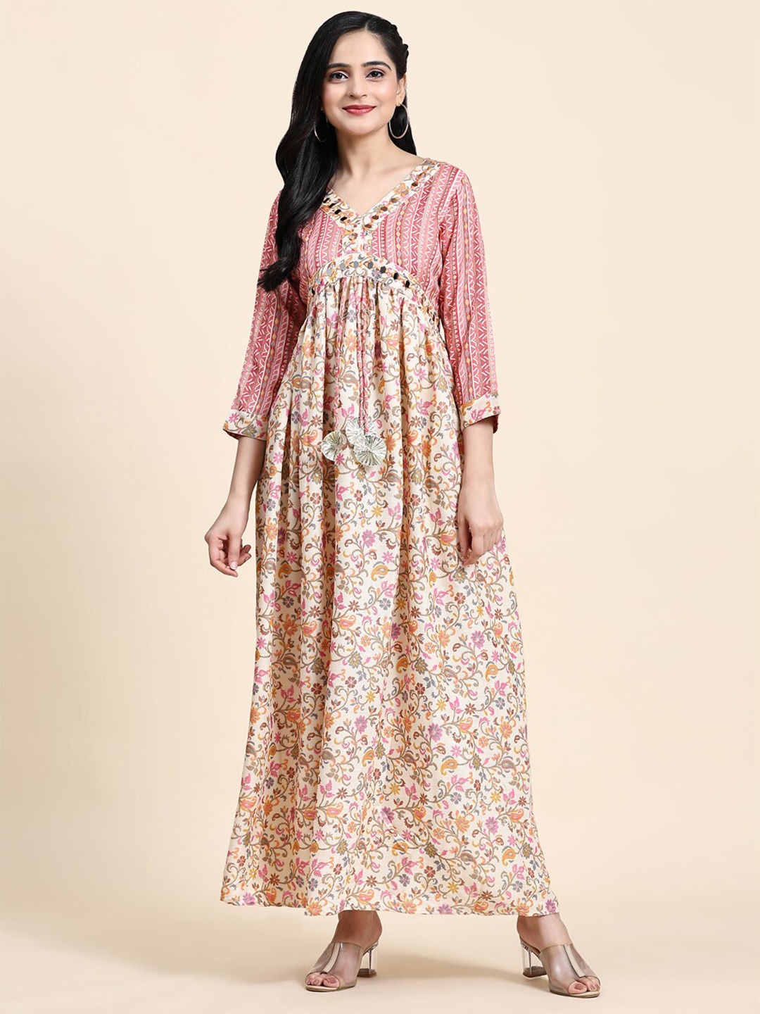 

Growish Floral Printed V-Neck Pleated Cotton Maxi Empire Dress, Beige