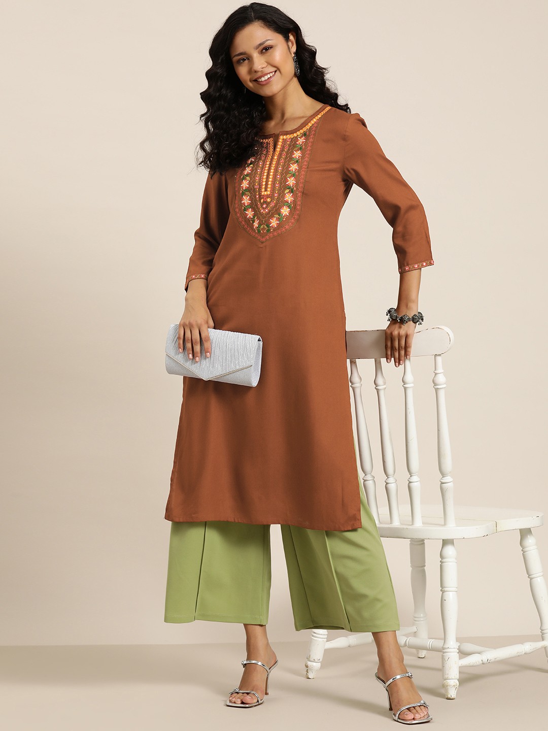 

HERE&NOW Women Floral Yoke Design Mirror Work Kurta, Brown