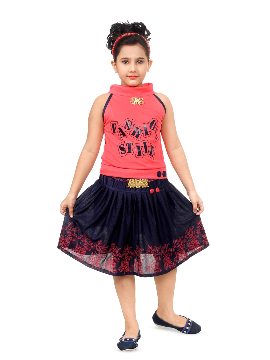 

BAESD Girls Printed Top With Skirt, Pink