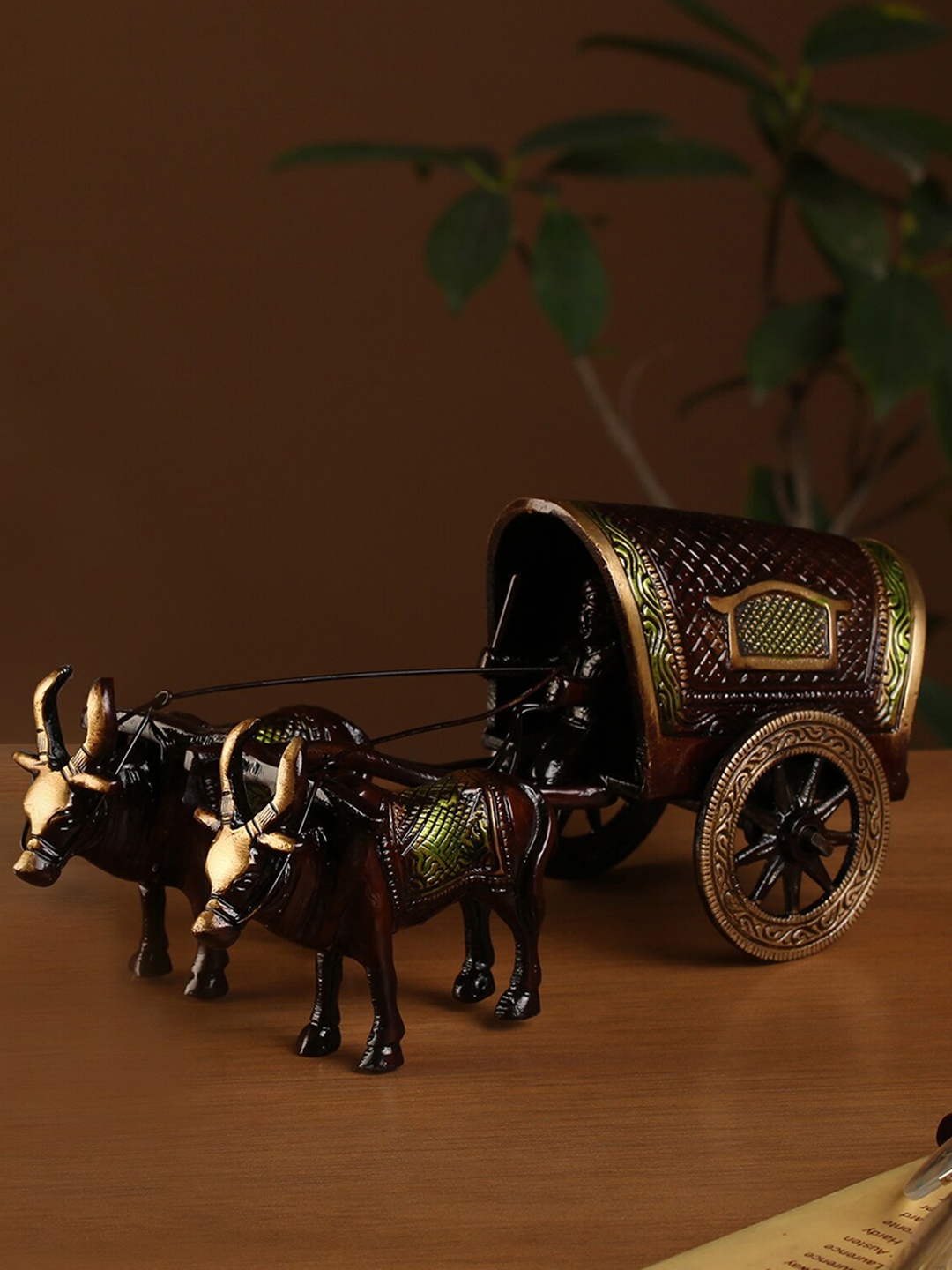 

Two Moustaches Brown & Green Textured Bullock Cart Brass Figurine Showpiece