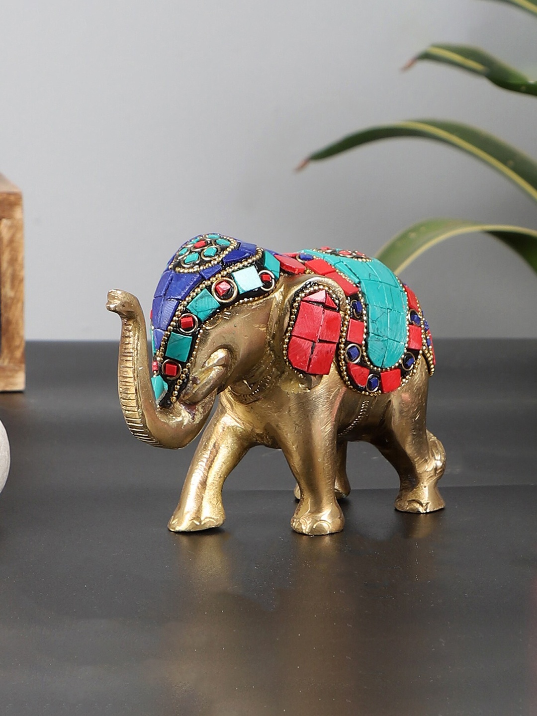 

Two Moustaches Red And Blue Gemstone Work Brass Elephant Figurine Showpieces, Gold