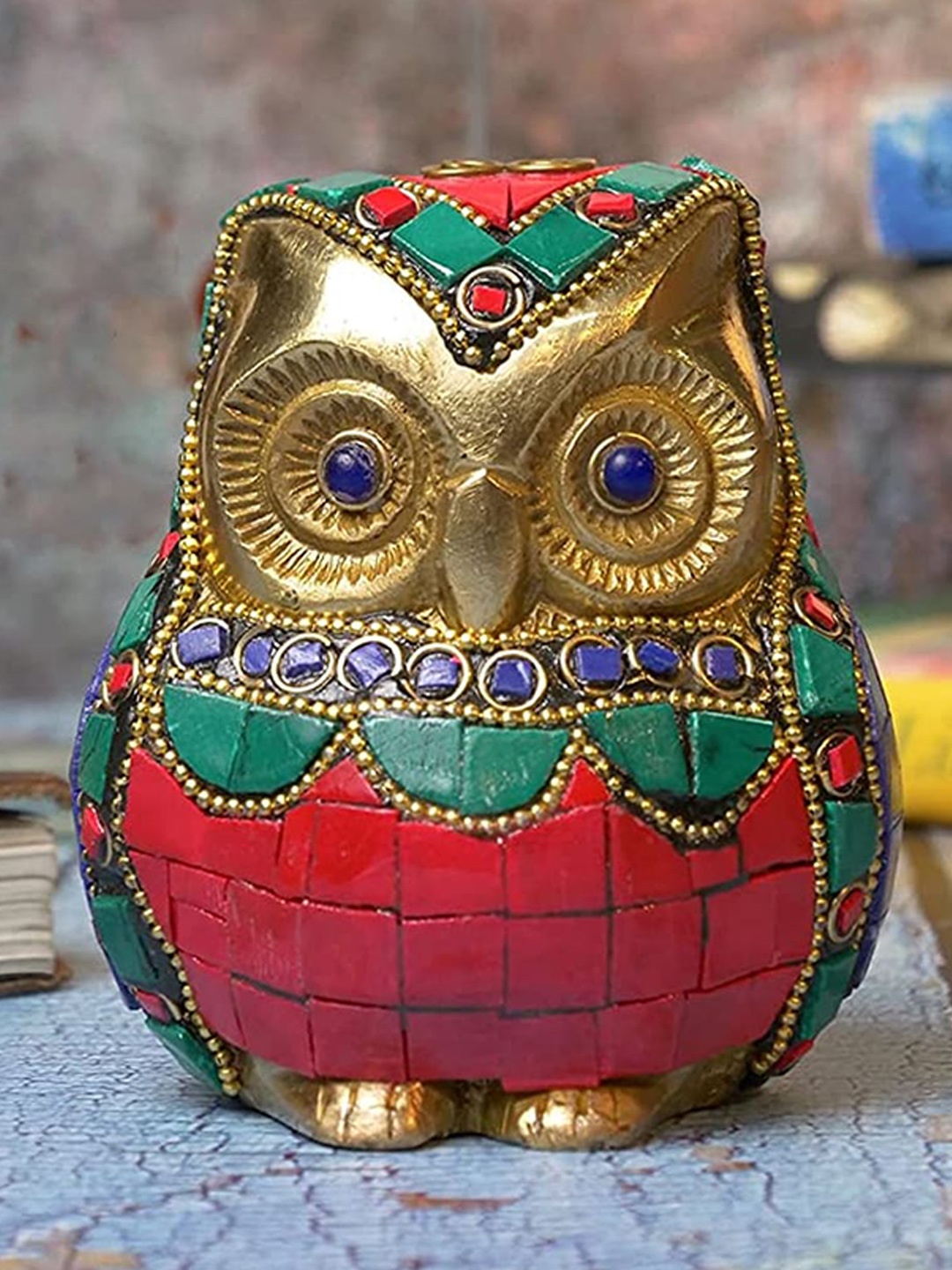 

Two Moustaches Red & Blue Textured Owl Brass Figurine Showpiece, Gold