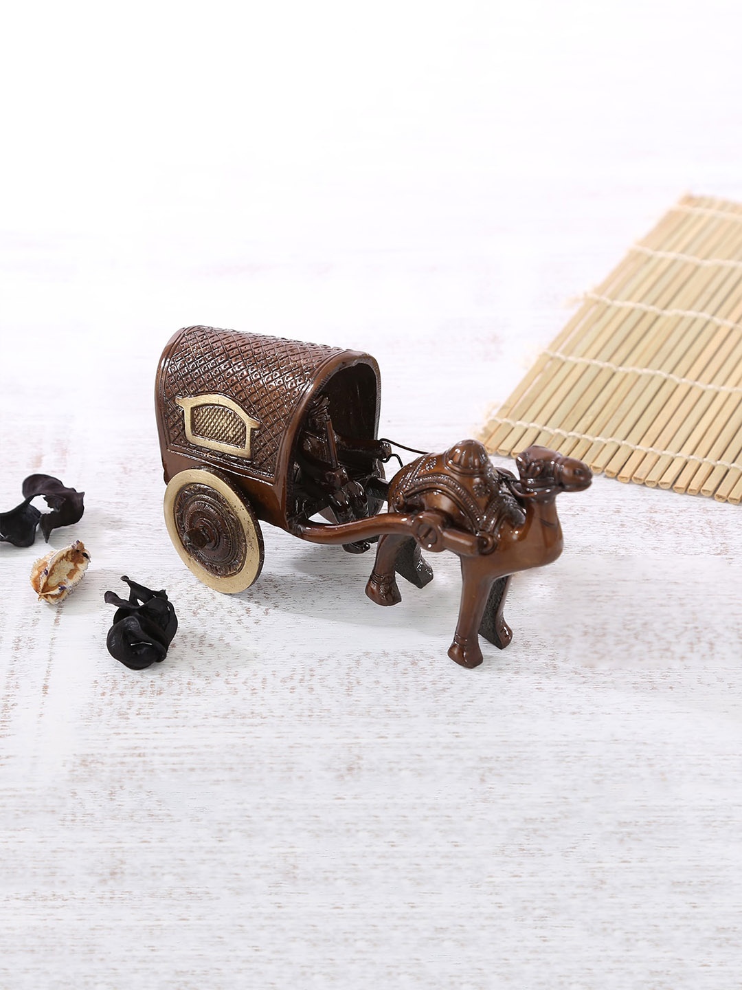 

Two Moustaches Brown Textured Brass Camel Cart Figurine Showpiece