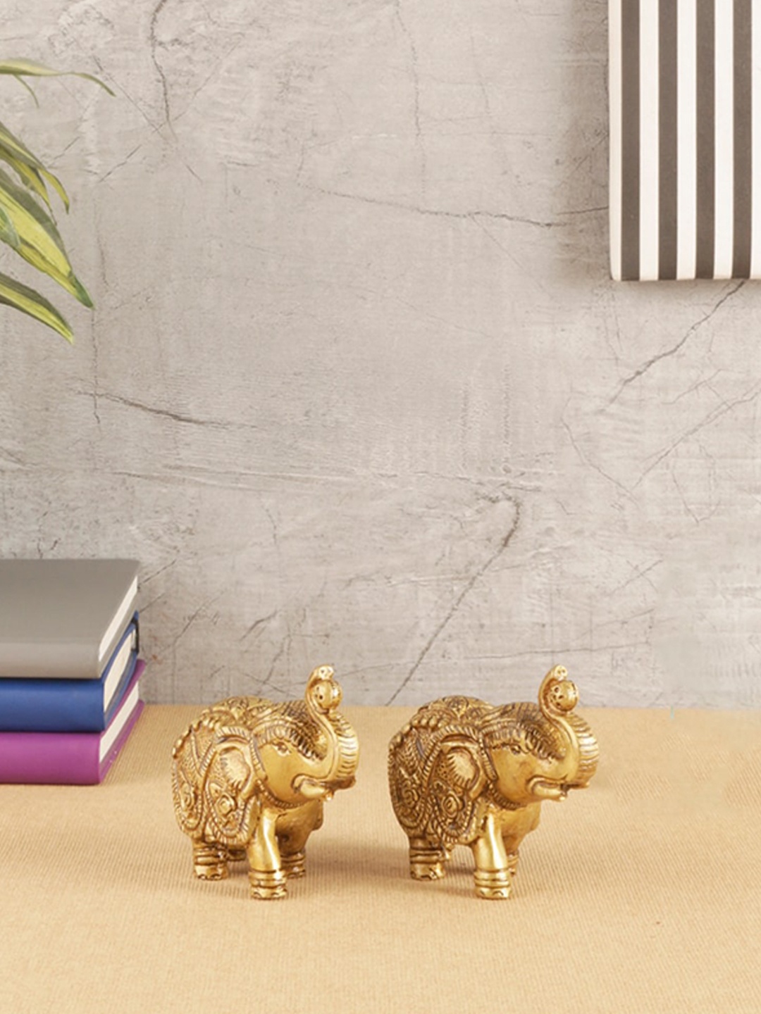 

Two Moustaches Antique Yellow Textured Ethnic Elephant Pair Brass Figurine Showpiece
