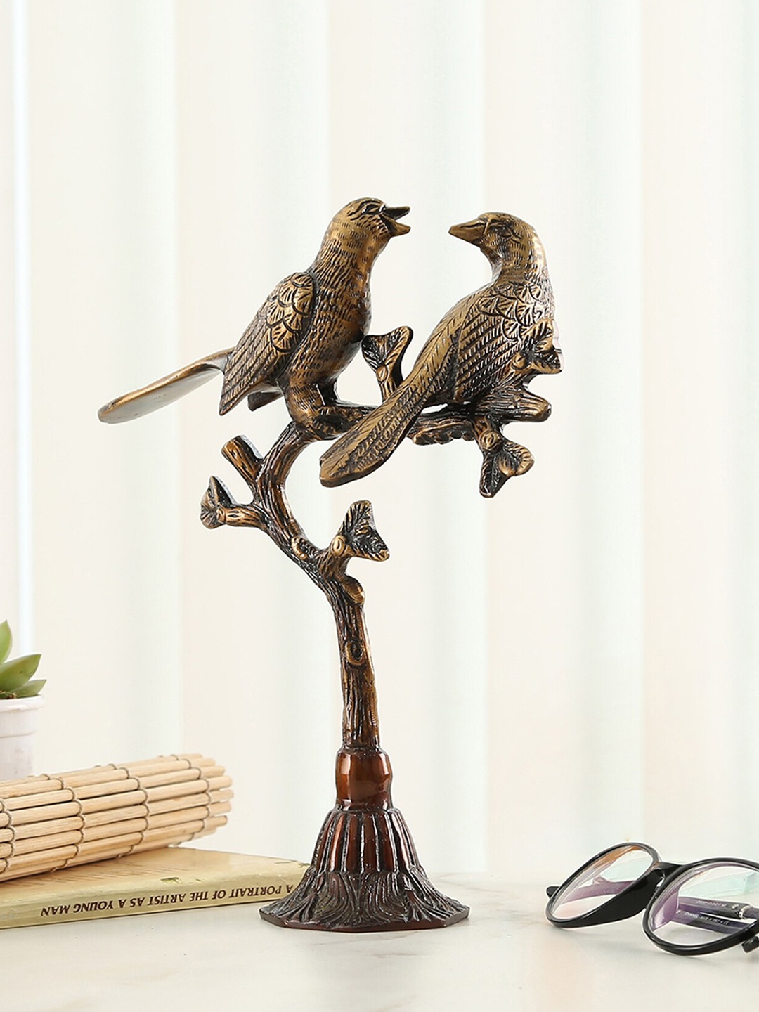 

Two Moustaches Brown Textured Brass Love Birds On Tree Figurine Showpiece, Gold