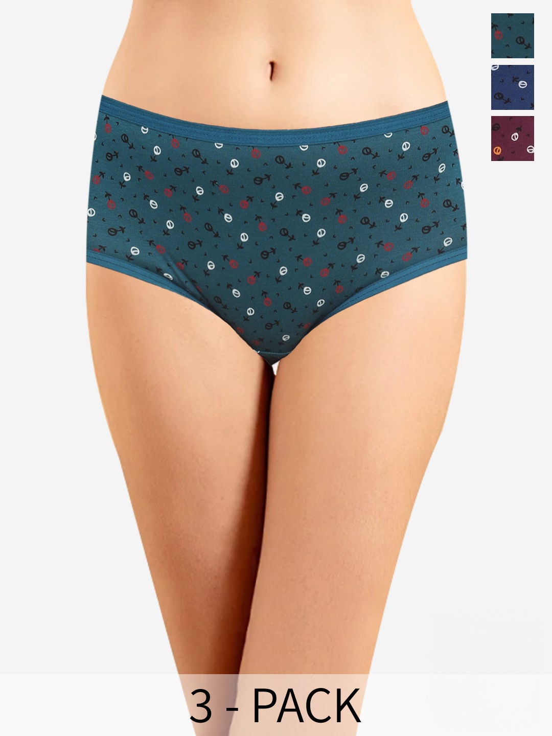In Care Assorted Pack of 3 Printed Pure Cotton Hipster Briefs