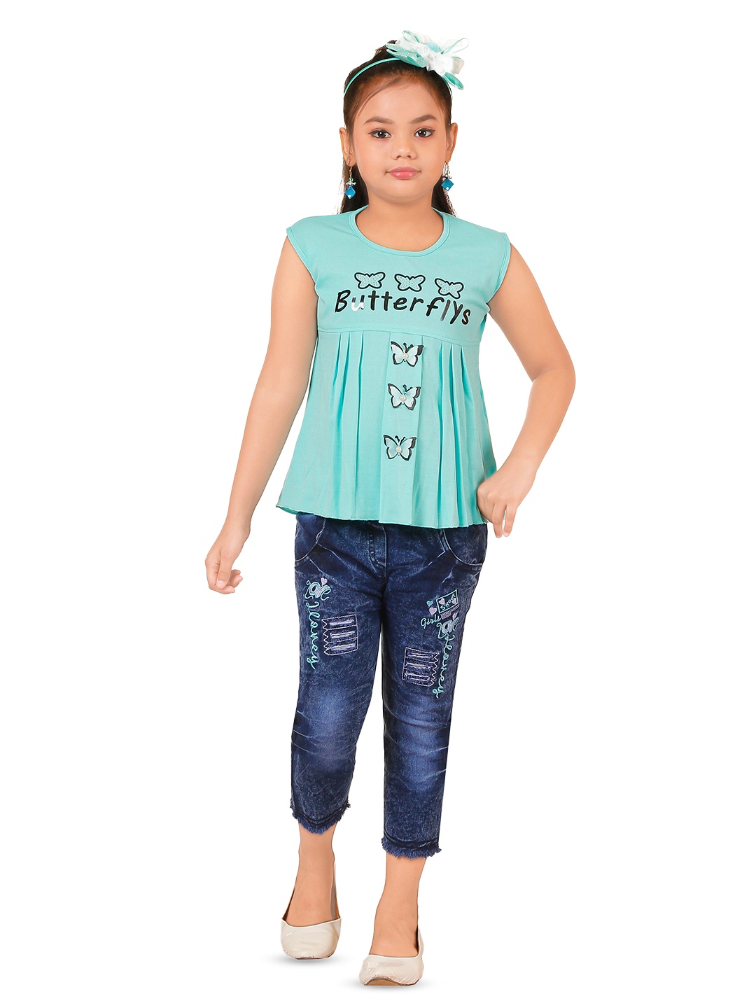 

BAESD Girls Printed Round Neck Top with Capris, Blue