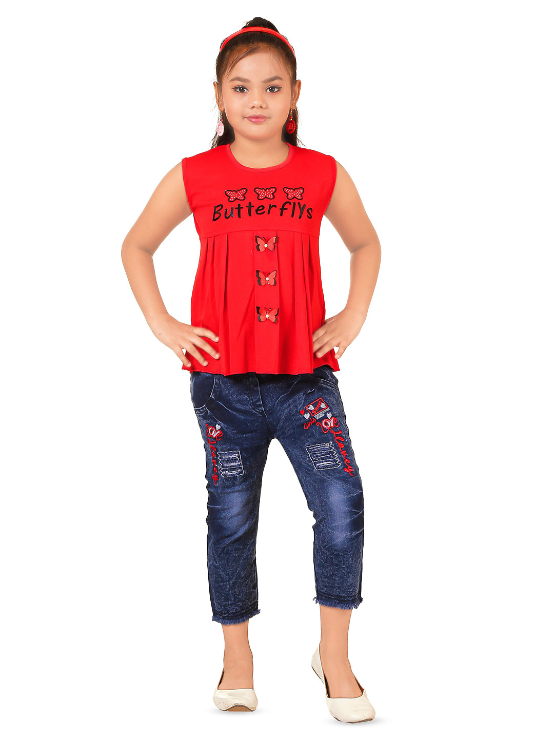

BAESD Girls Printed Round Neck Top with Capris, Red