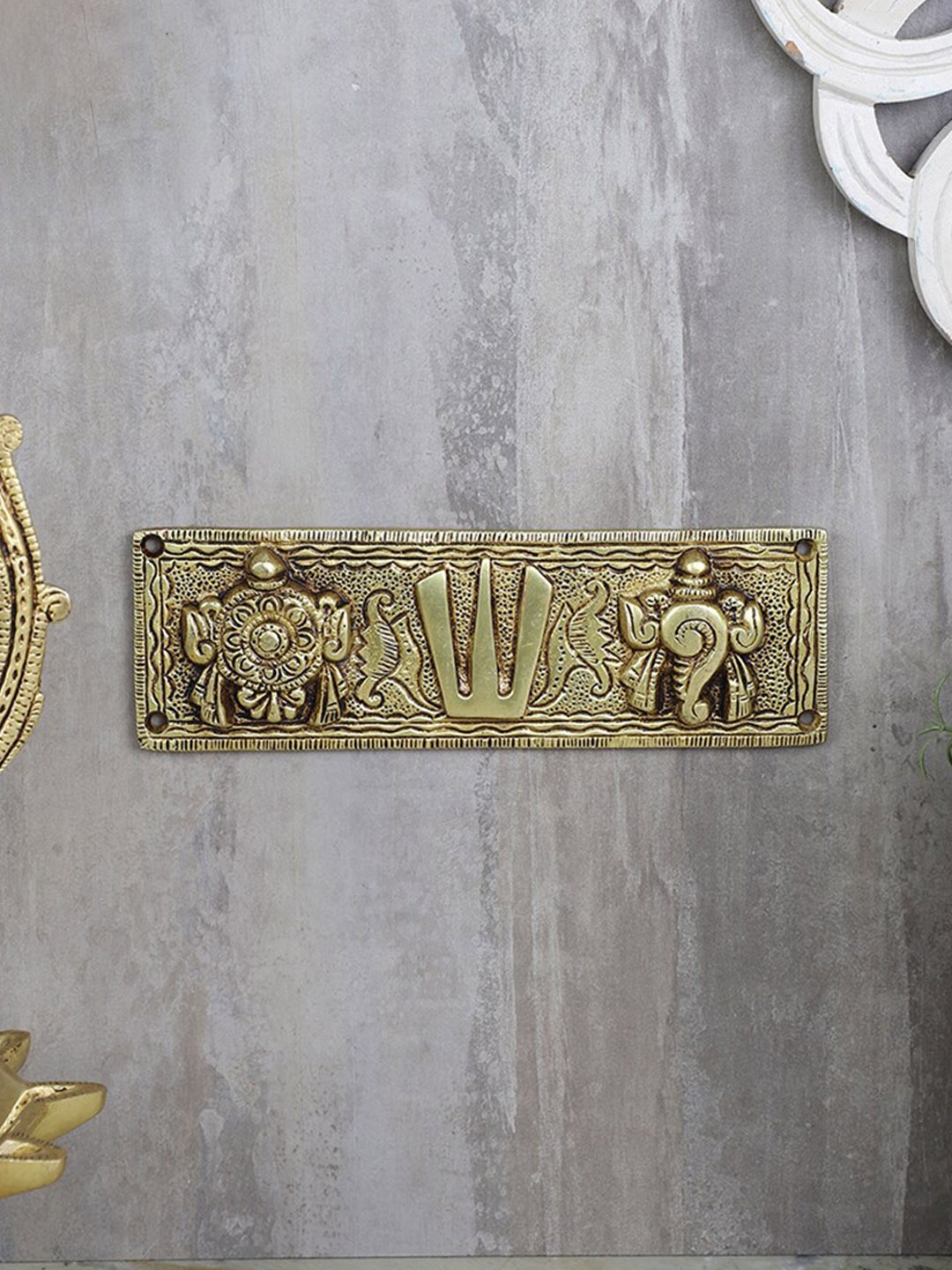 Two Moustaches Yellow Textured Brass Shankh Chakra Namah Wall Hanging, Gold