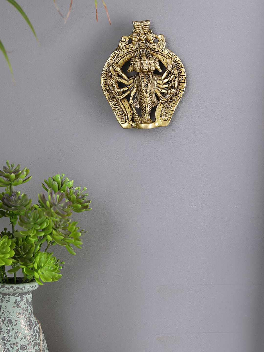 Two Moustaches Yellow Textured Panchmukhi Hanuman Brass Wall Hanging, Gold