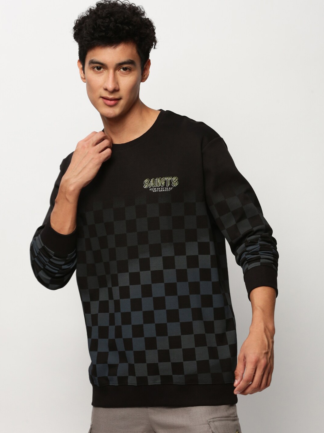 

SHOWOFF Checked Round Neck Cotton Sweatshirt, Black